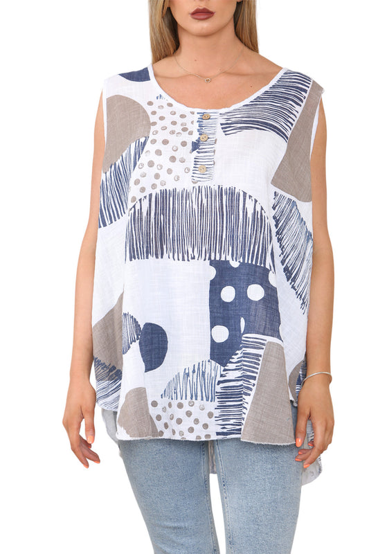 Dames Mouwloze Top met Gemengde Print Wit