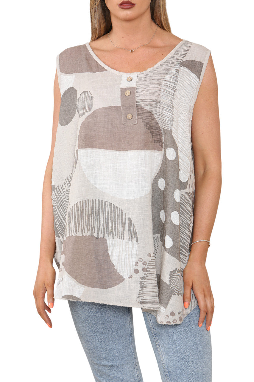 Ladies Mix Print Sleeveless Vest Top Stone