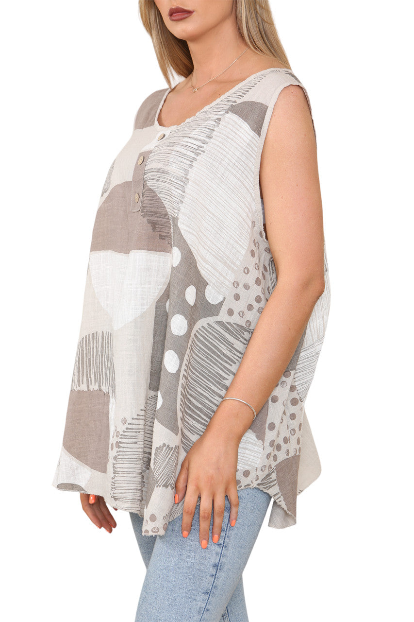 Ladies Mix Print Sleeveless Vest Top Stone