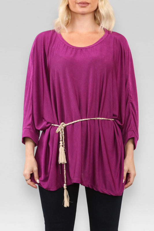 BATWING TOP WITH ROPE TIE BELT/NECKLACE MAGENTA