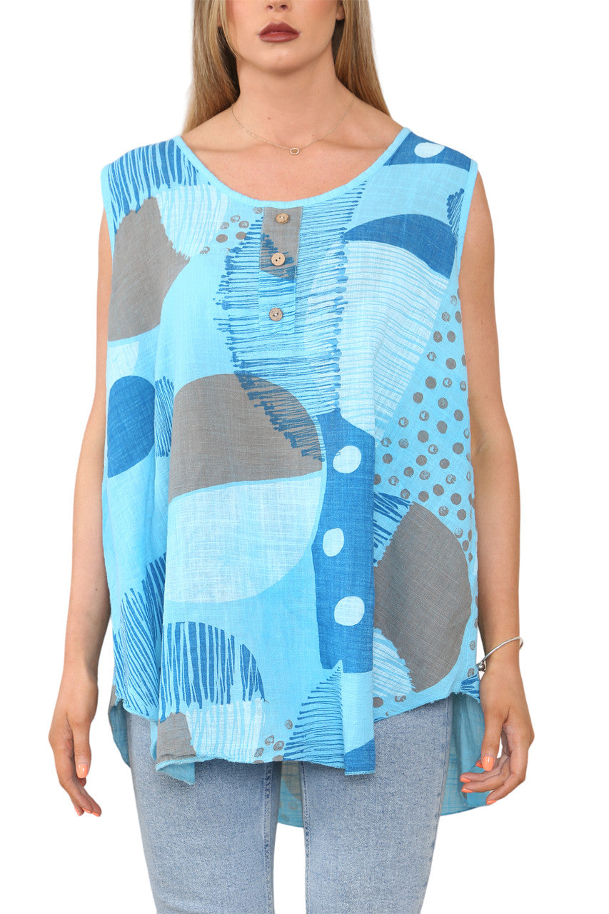 Ladies Mix Print Sleeveless Vest Top Turquoise