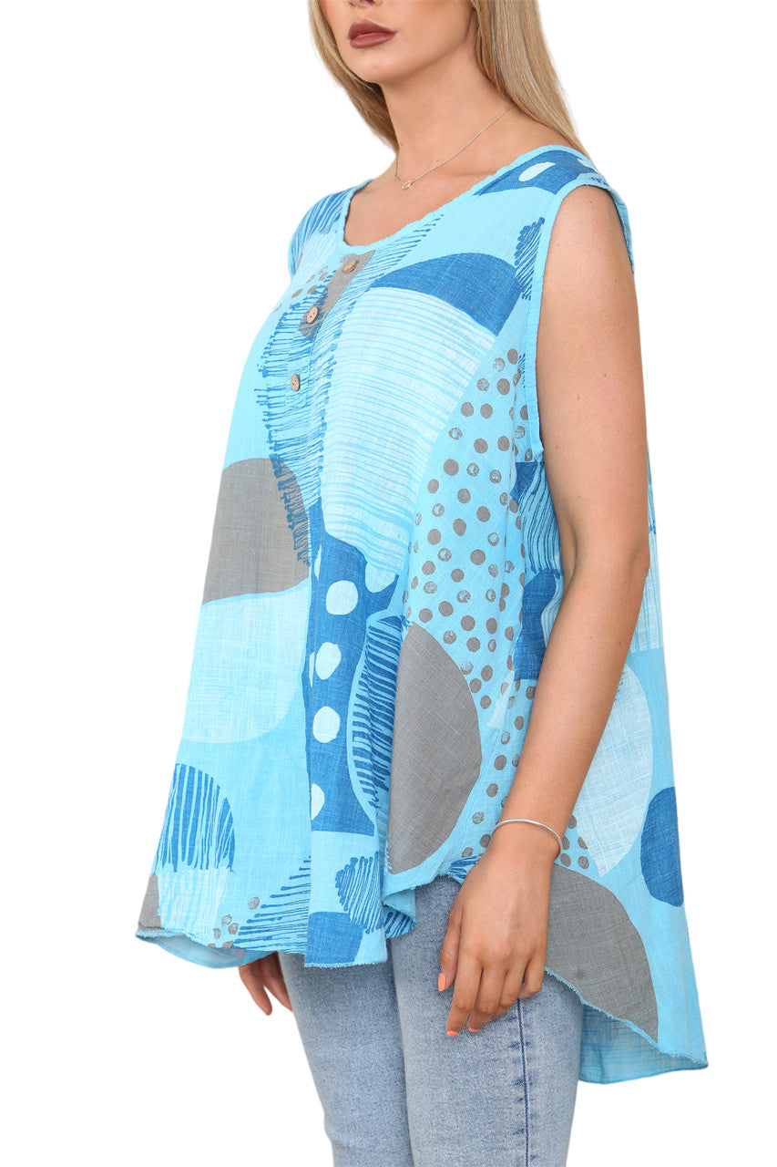 Ladies Mix Print Sleeveless Vest Top Turquoise