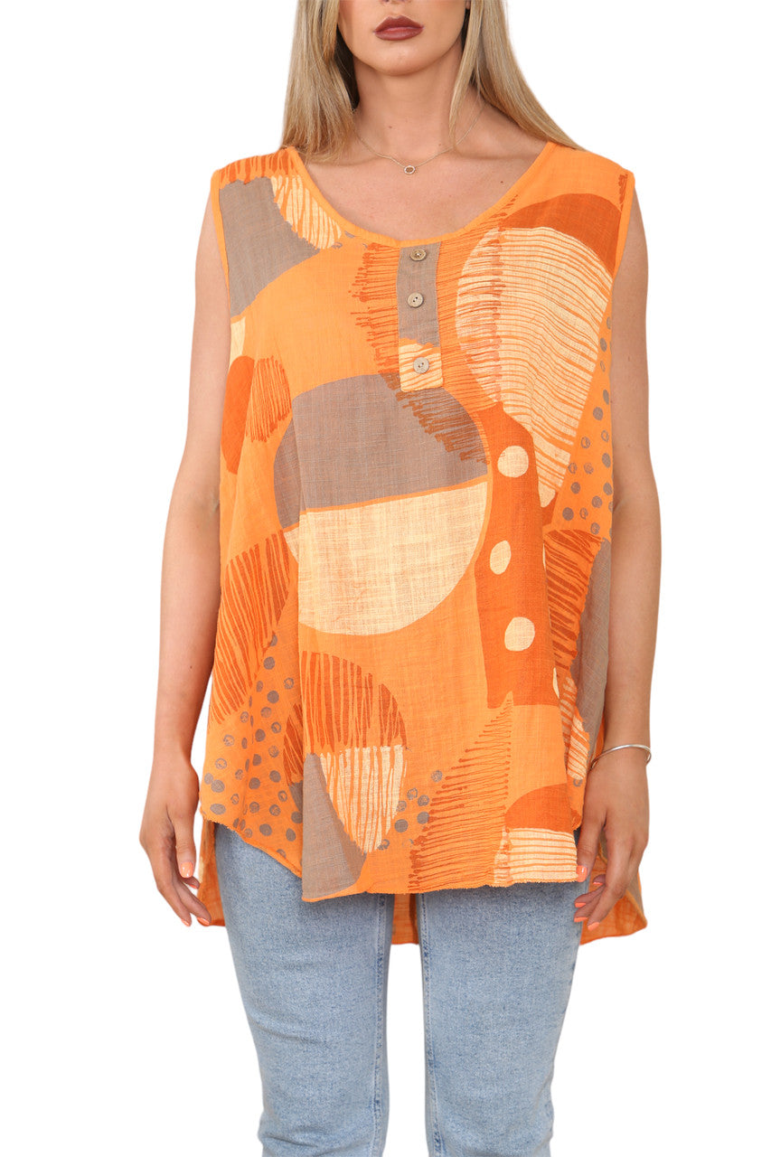 Ladies Mix Print Sleeveless Vest Top Orange