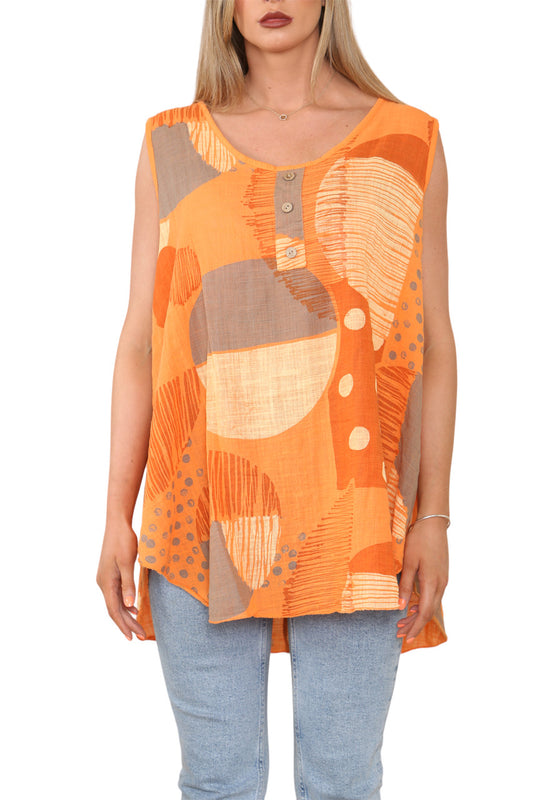Dames Mouwloze Top met Gemengde Print Oranje