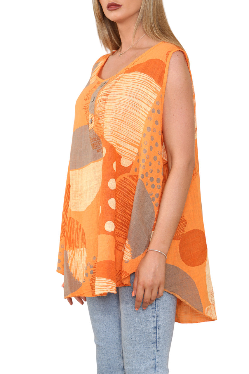 Ladies Mix Print Sleeveless Vest Top Orange