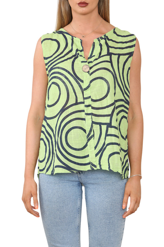 Ladies Abstract Print Grandad Collar Sleeveless Top Lime