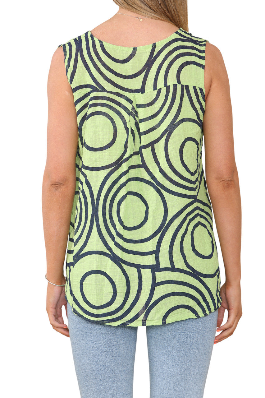Ladies Abstract Print Grandad Collar Sleeveless Top Lime
