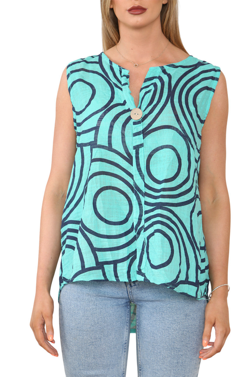 Ladies Abstract Print Grandad Collar Sleeveless Top Teal