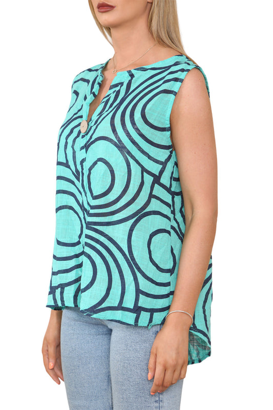 Ladies Abstract Print Grandad Collar Sleeveless Top Teal