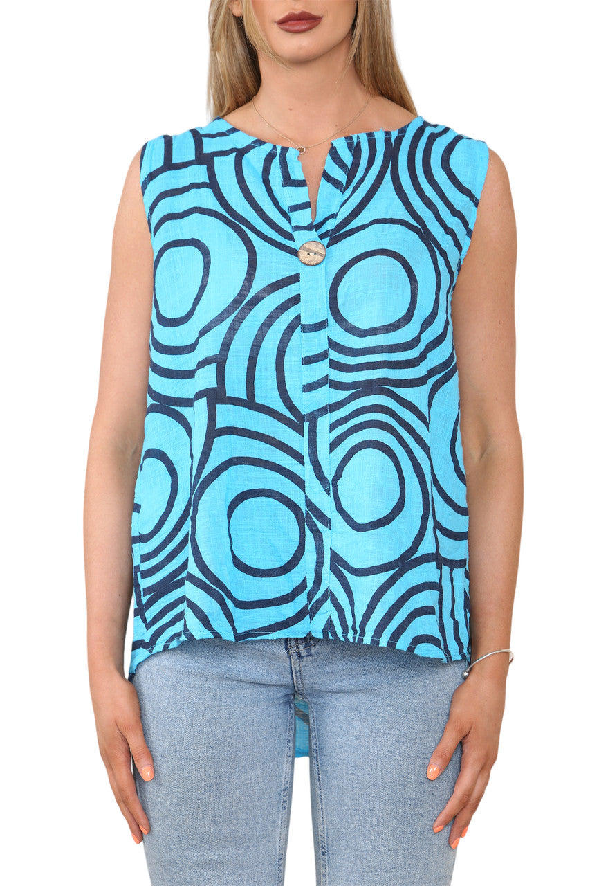 Ladies Abstract Print Grandad Collar Sleeveless Top Turquoise