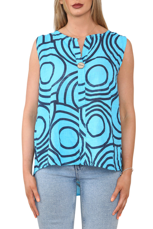 Ladies Abstract Print Grandad Collar Sleeveless Top Turquoise