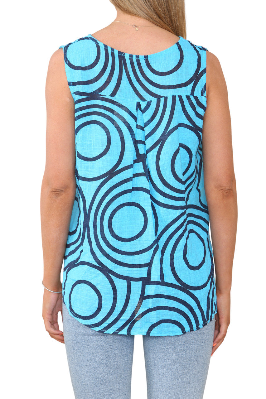 Ladies Abstract Print Grandad Collar Sleeveless Top Turquoise