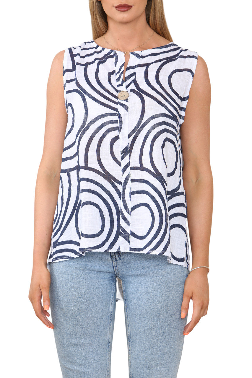 Ladies Abstract Print Grandad Collar Sleeveless Top White