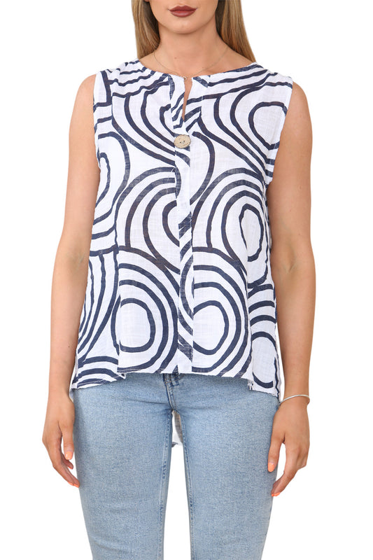 Ladies Abstract Print Grandad Collar Sleeveless Top White