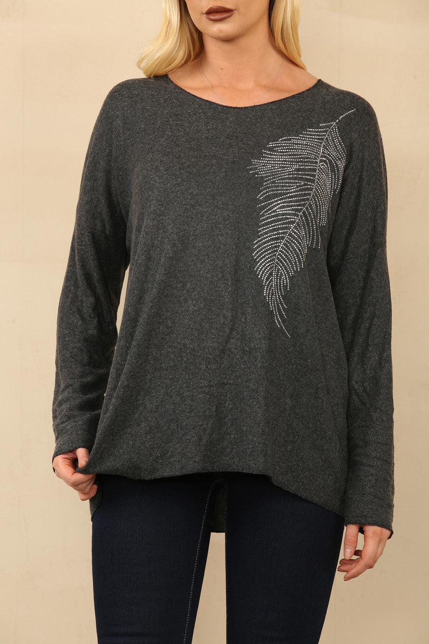 Copy of DIAMANTE FEATHER FINE KNIT JUMPER  CHARCOAL