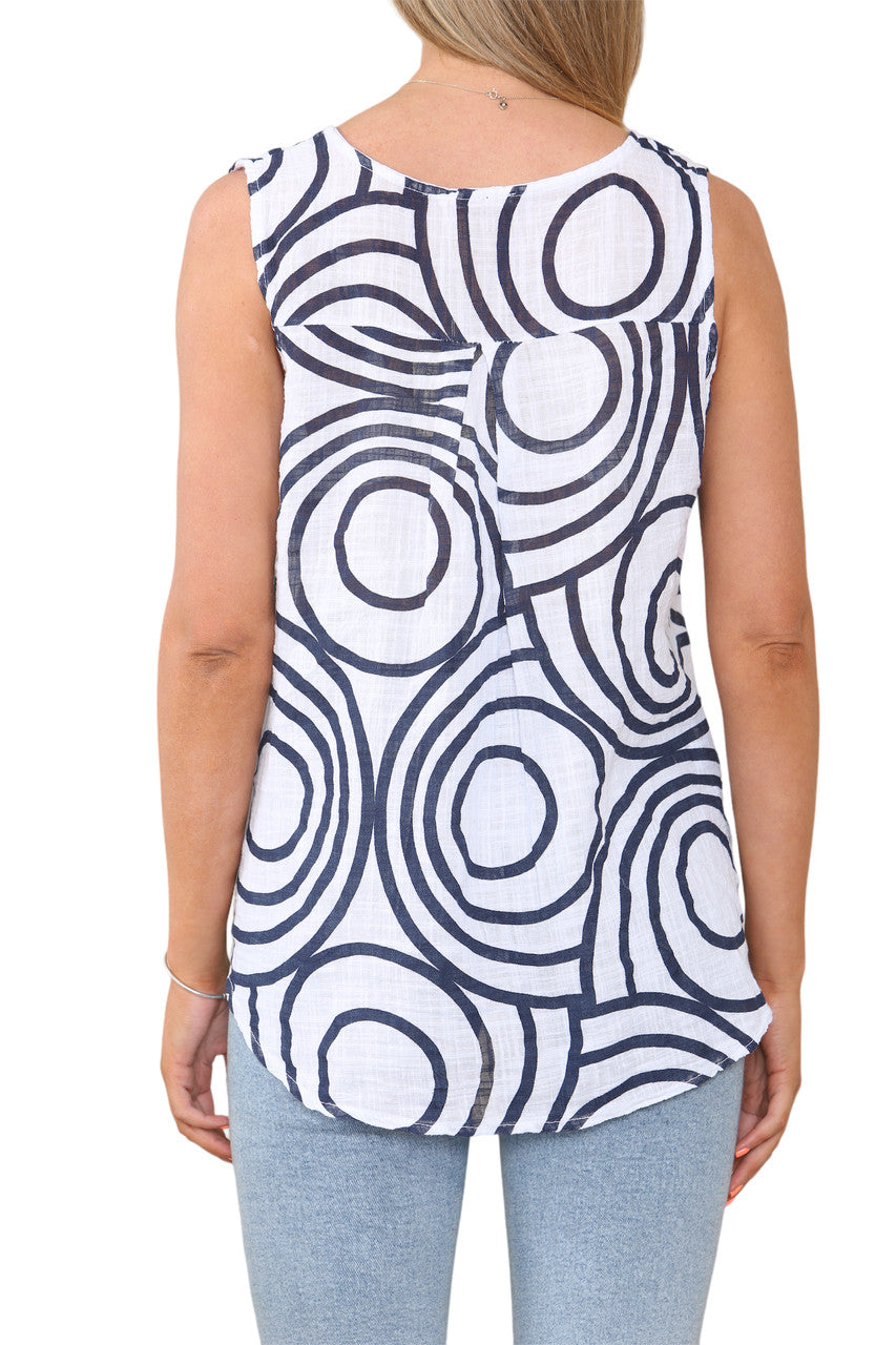 Ladies Abstract Print Grandad Collar Sleeveless Top White