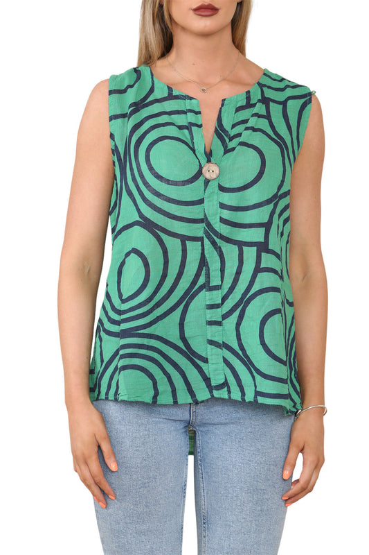 Ladies Abstract Print Grandad Collar Sleeveless Top Green