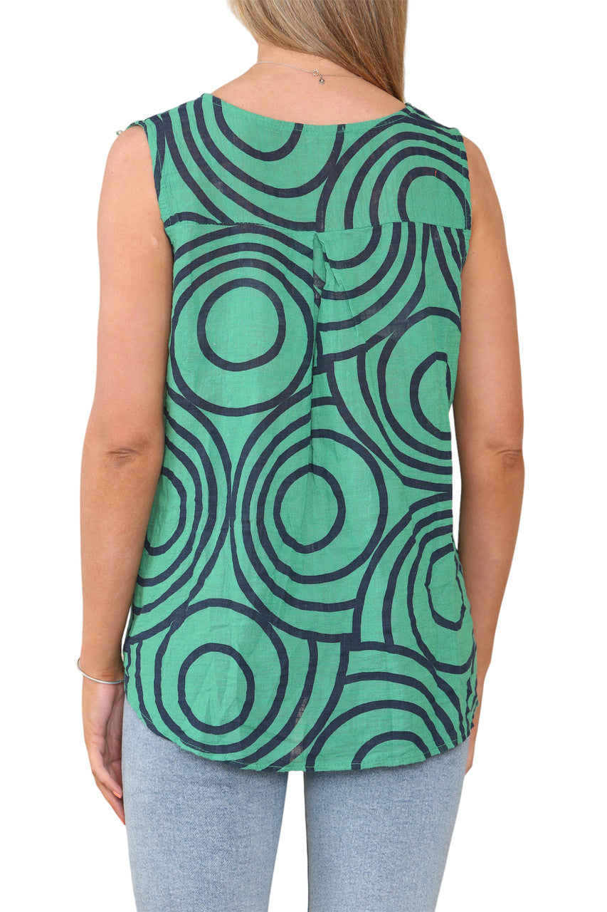 Ladies Abstract Print Grandad Collar Sleeveless Top Green
