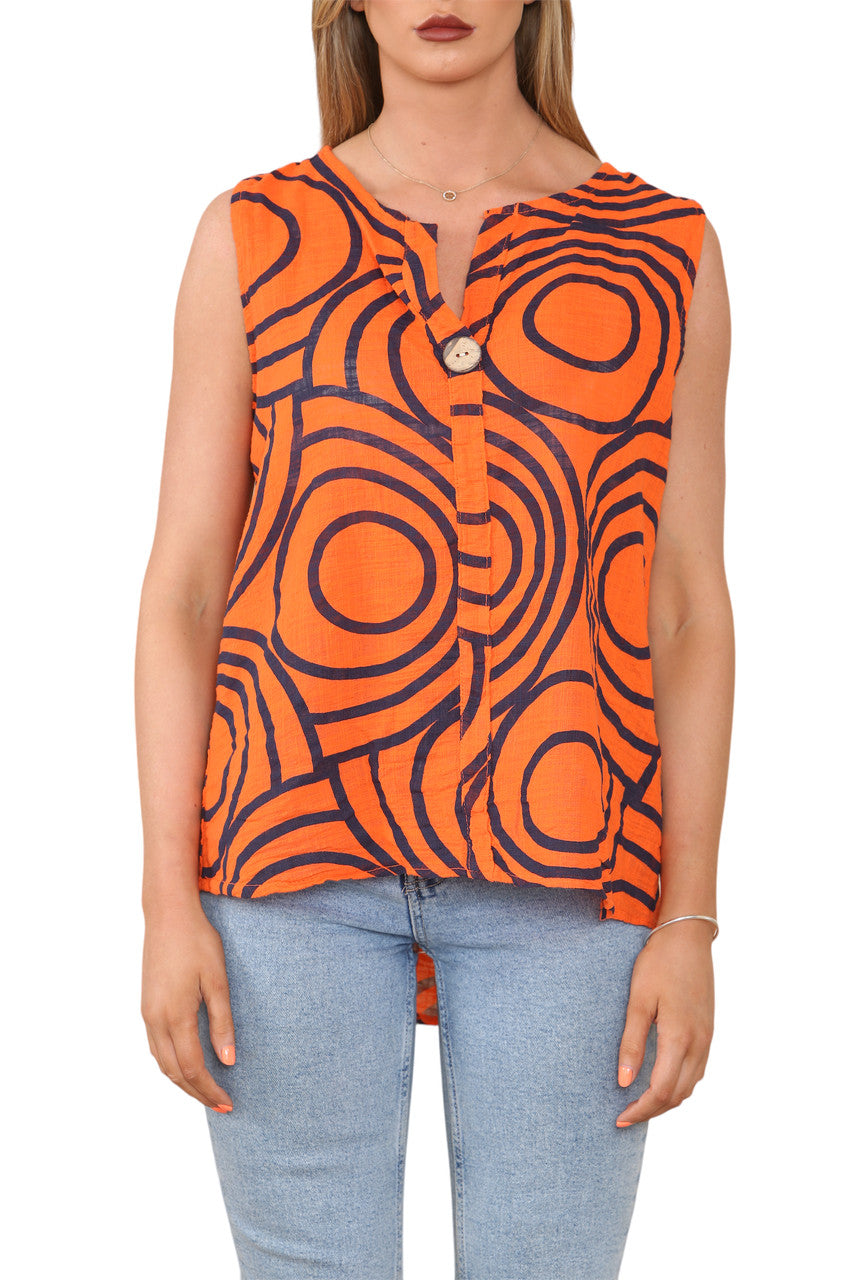 Ladies Abstract Print Grandad Collar Sleeveless Top Orange