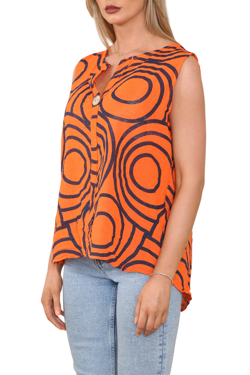 Ladies Abstract Print Grandad Collar Sleeveless Top Orange