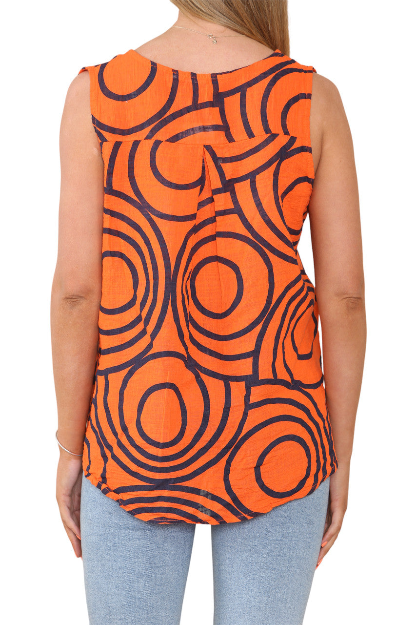 Ladies Abstract Print Grandad Collar Sleeveless Top Orange