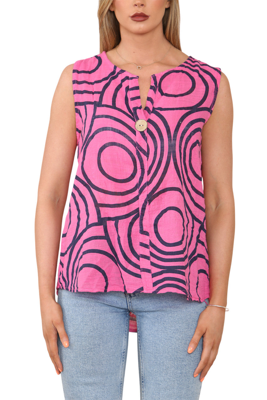 Ladies Abstract Print Grandad Collar Sleeveless Top Cerise