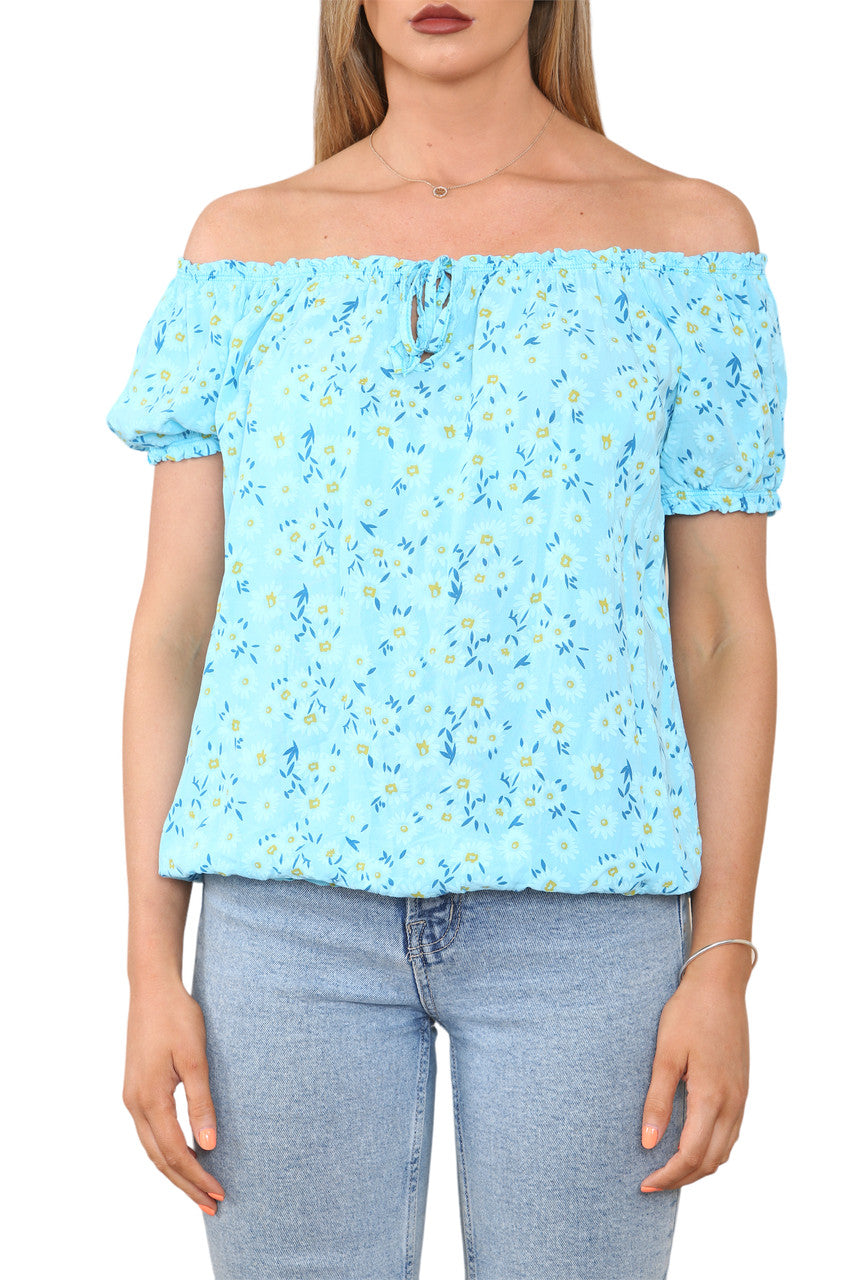 Ladies Bardot Off The Shoulder Floral Print Top Turquoise