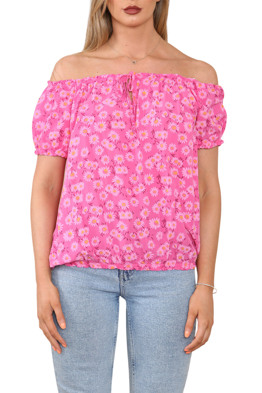 BARDOT OFF SHOULDER FLORAL PRINT TOP CERISE