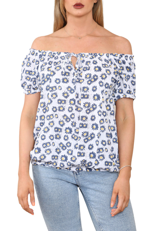 BARDOT OFF SHOULDER FLORAL PRINT TOP WHITE