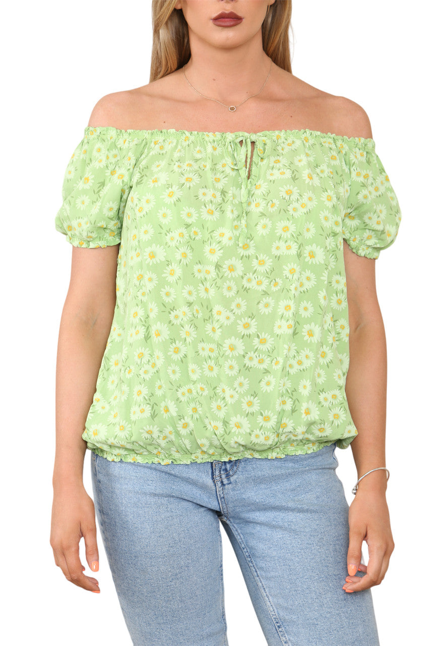 Ladies Bardot Off The Shoulder Floral Print Top Lime