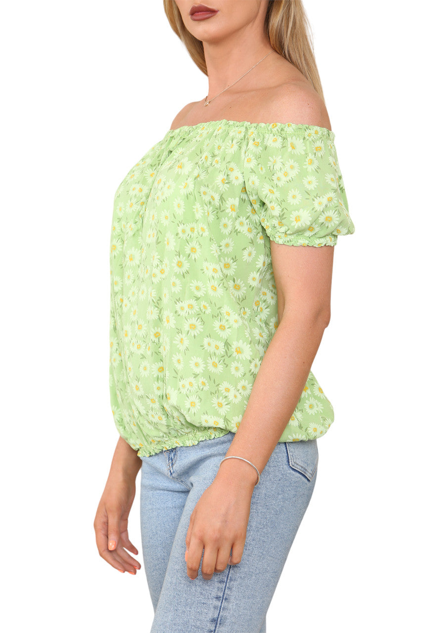 Ladies Bardot Off The Shoulder Floral Print Top Lime