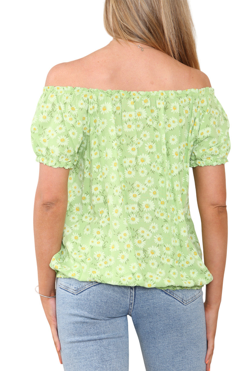 Ladies Bardot Off The Shoulder Floral Print Top Lime