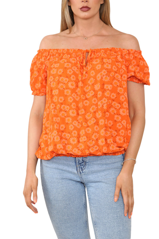 BARDOT OFF SHOULDER FLORAL PRINT TOP ORANGE