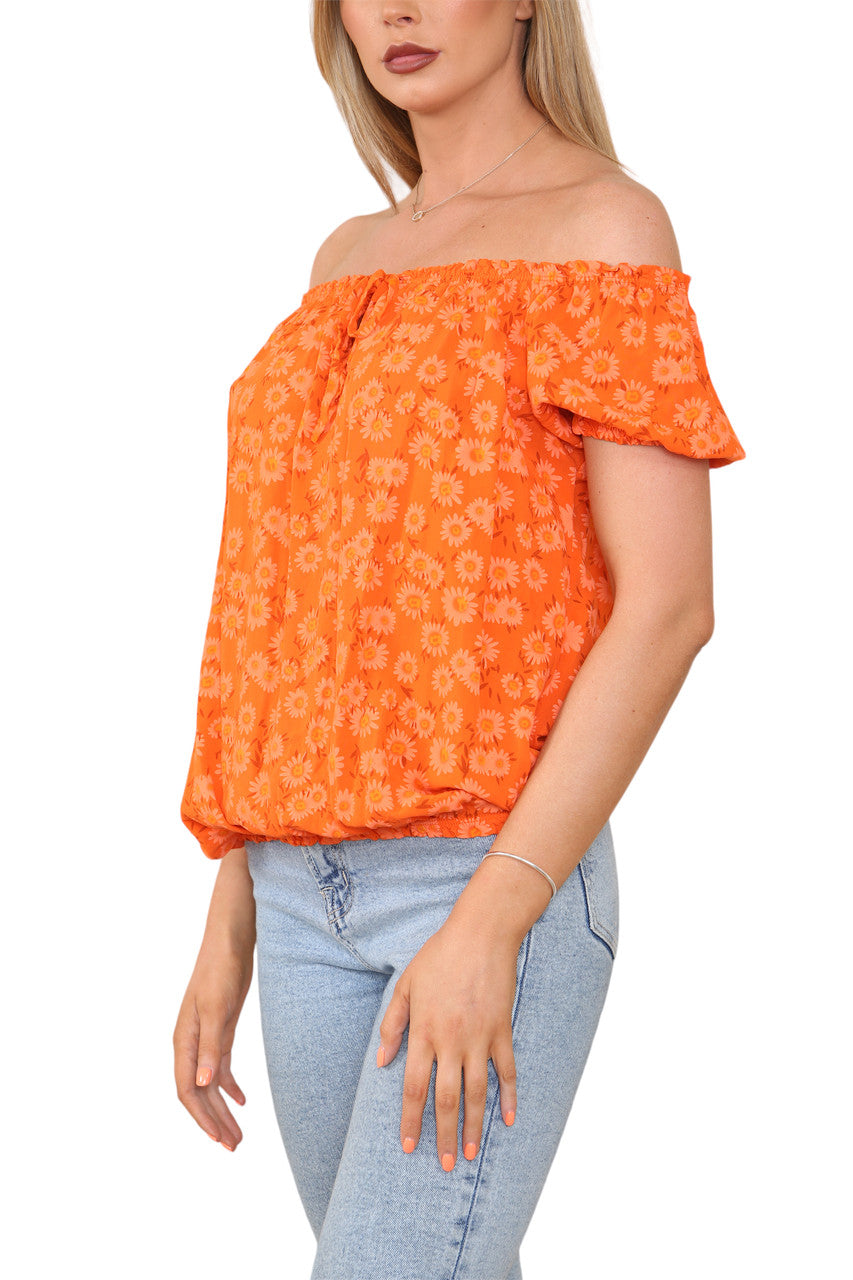 BARDOT OFF SHOULDER FLORAL PRINT TOP ORANGE