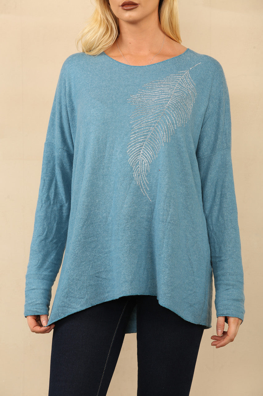 DIAMANTE FEATHER FINE KNIT JUMPER TEAL