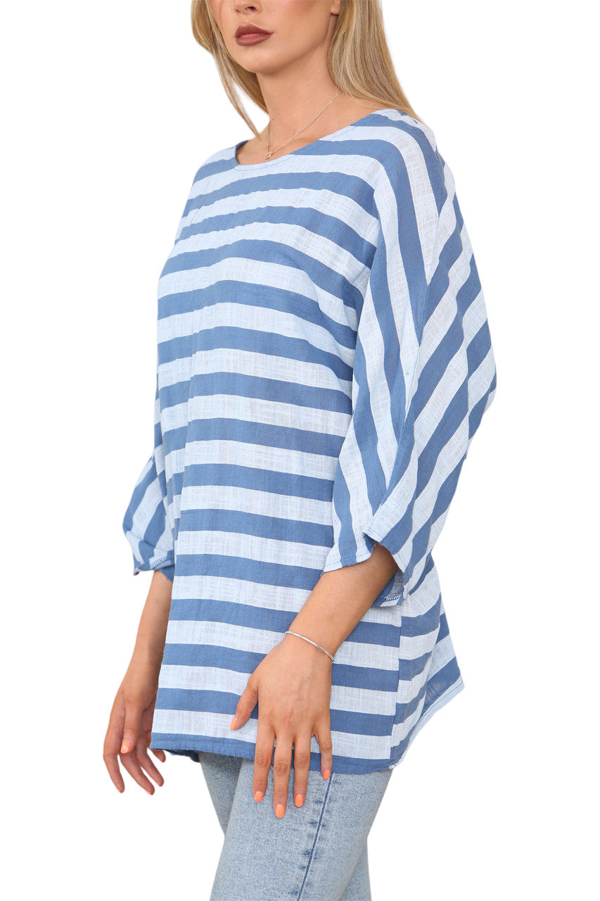 WIDE BLOCK STRIPED TOP DENIM