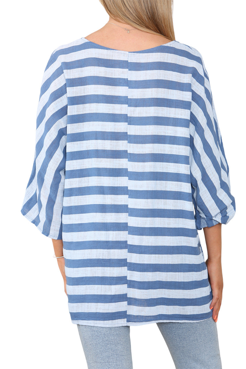 WIDE BLOCK STRIPED TOP DENIM