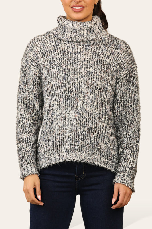 ROLL NECK COLOUR FLECK KNITTED SOFT FLUFFY JUMPER BLACK