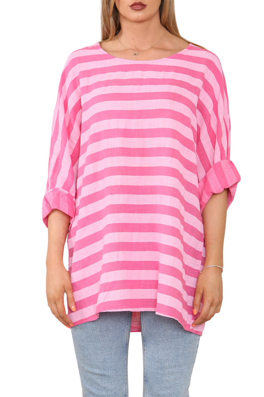 WIDE BLOCK STRIPED TOP CERISE
