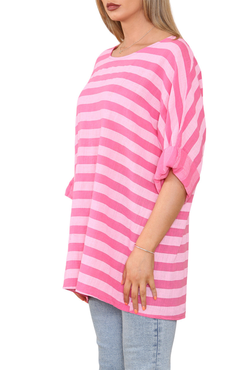 WIDE BLOCK STRIPED TOP CERISE