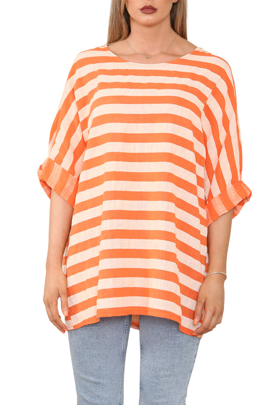 ORANJE TOP MET BREDE BLOKSTREPEN