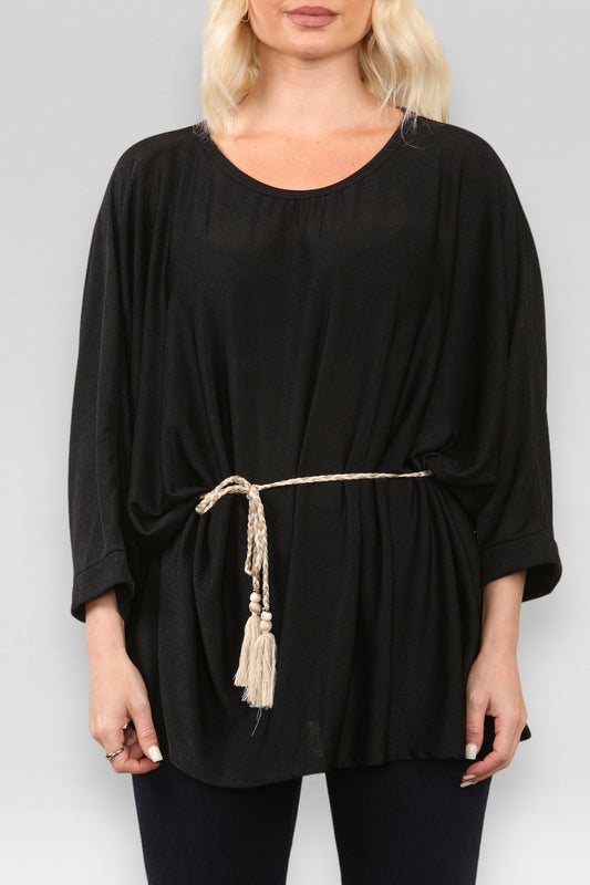 BATWING TOP WITH ROPE TIE BELT/NECKLACE BLACK