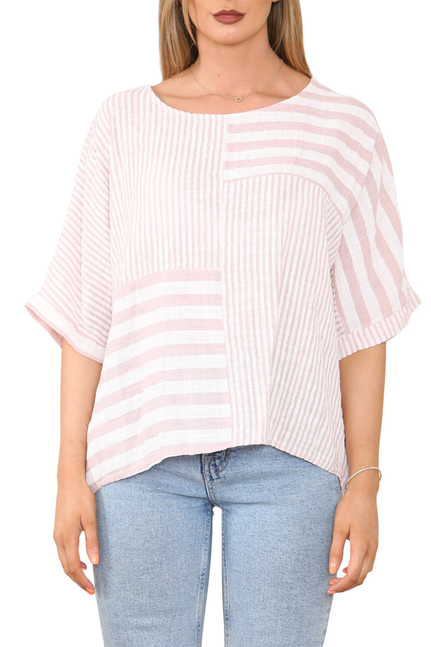 STRIPE BLOCK PRINT TOP DUSTY PINK