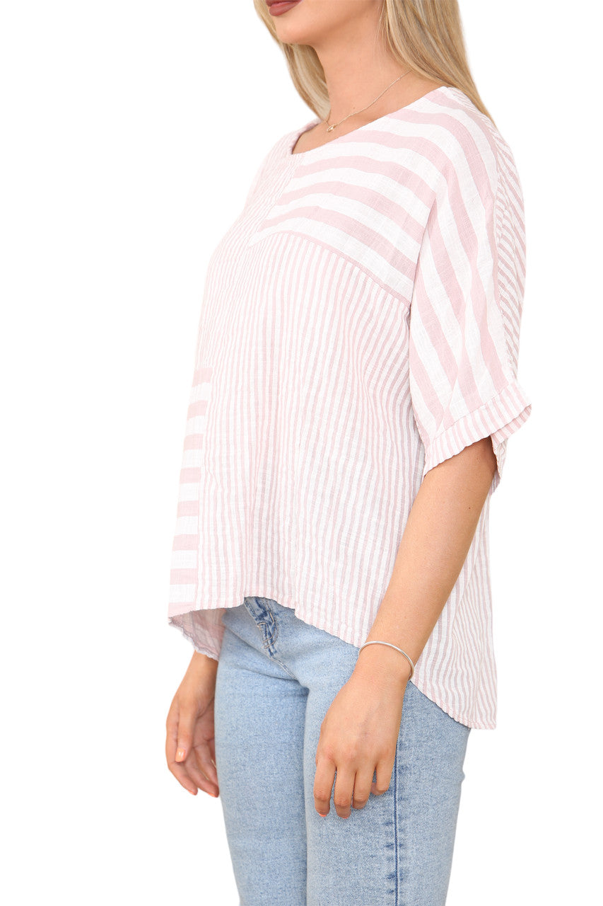 STRIPE BLOCK PRINT TOP DUSTY PINK