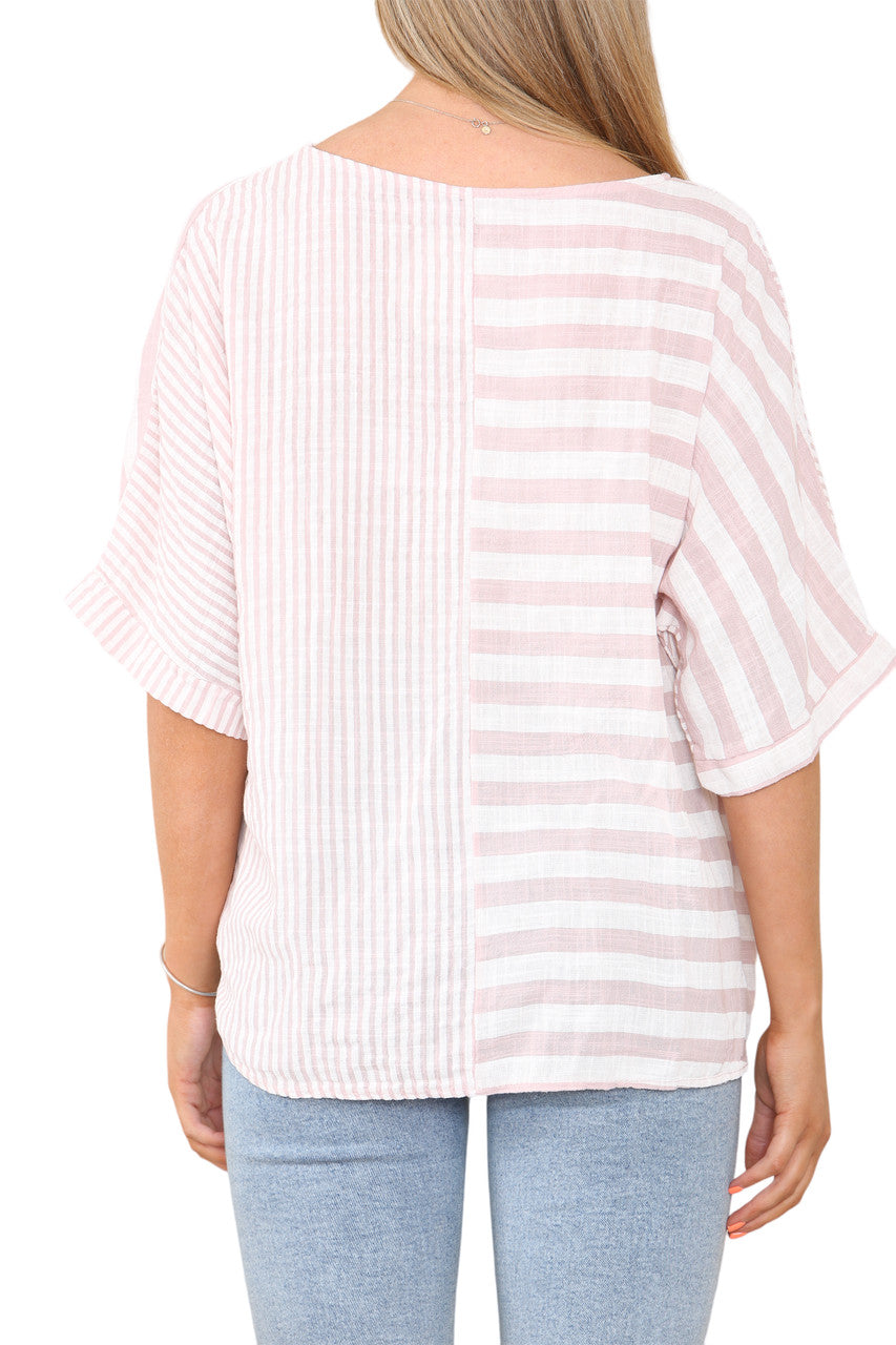 STRIPE BLOCK PRINT TOP DUSTY PINK