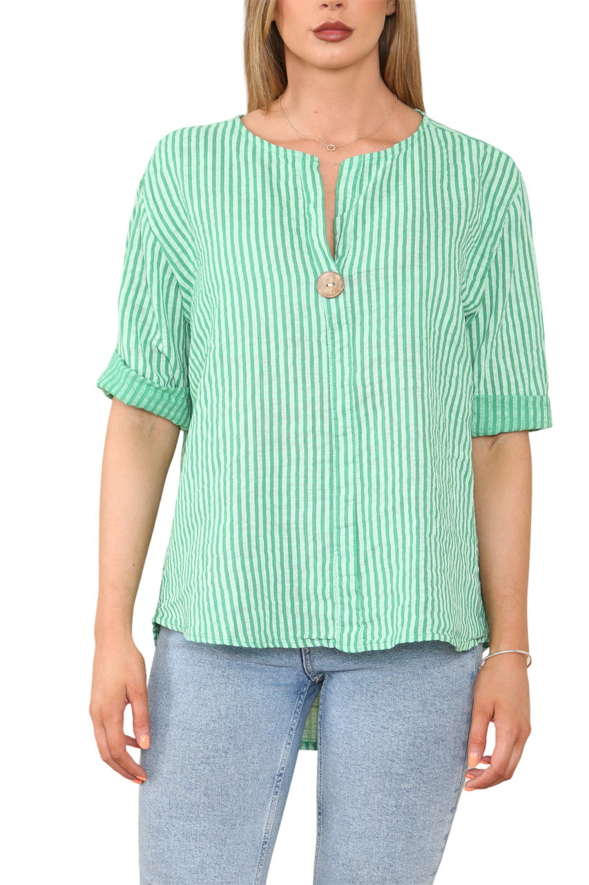 STRIPE PRINT GRANDAD COLLAR BUTTON FRONT TOP GREEN