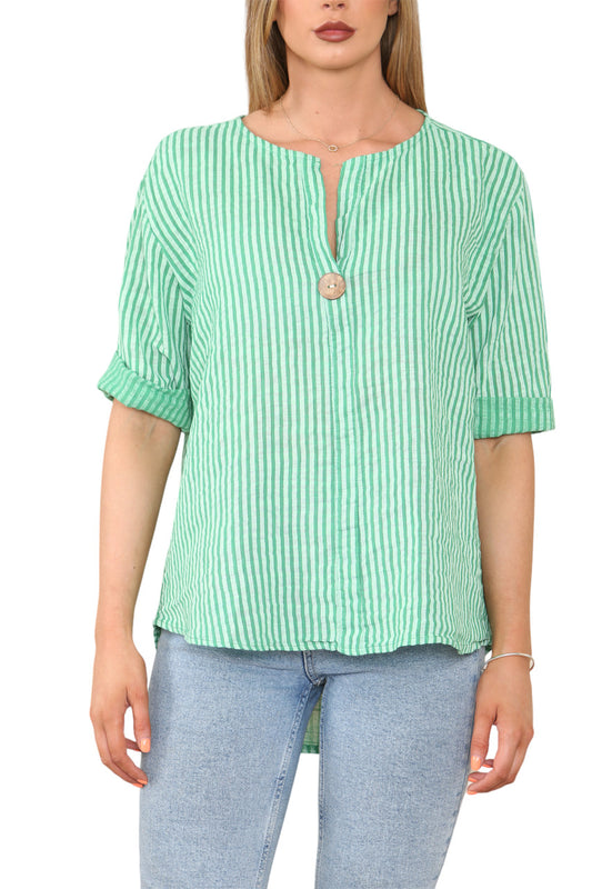 GROEN TOP MET STREEPJES EN GRANDAD KRAAG EN KNOPENSLUITING