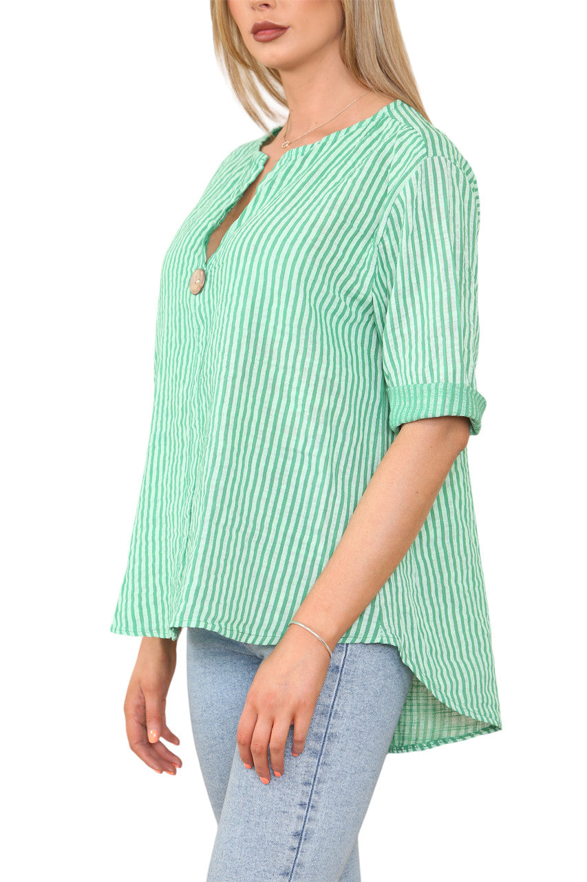 STRIPE PRINT GRANDAD COLLAR BUTTON FRONT TOP GREEN