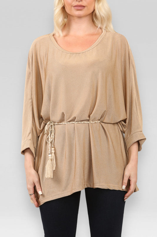 BATWING TOP WITH ROPE TIE BELT/NECKLACE TAN