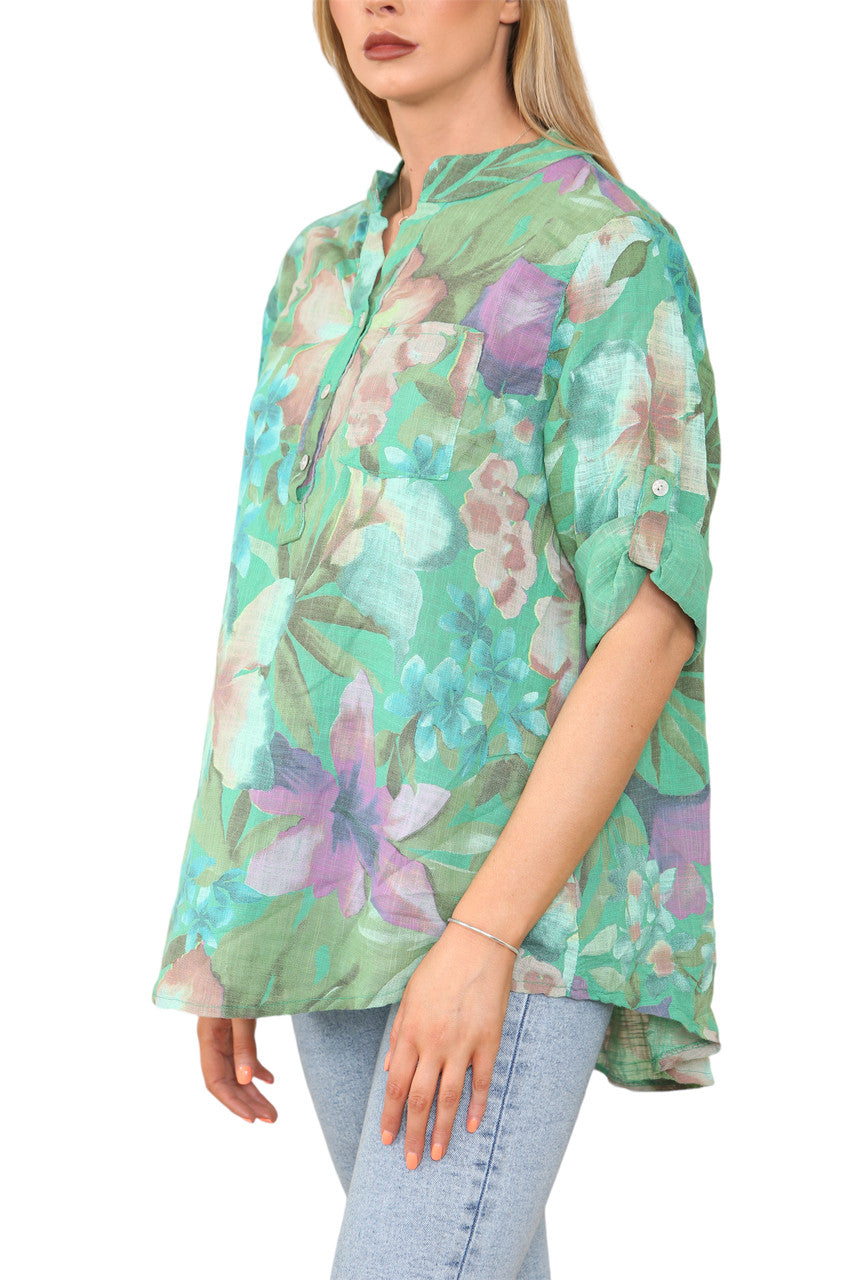 TROPICAL PRINT GRANDAD SHIRT GREEN